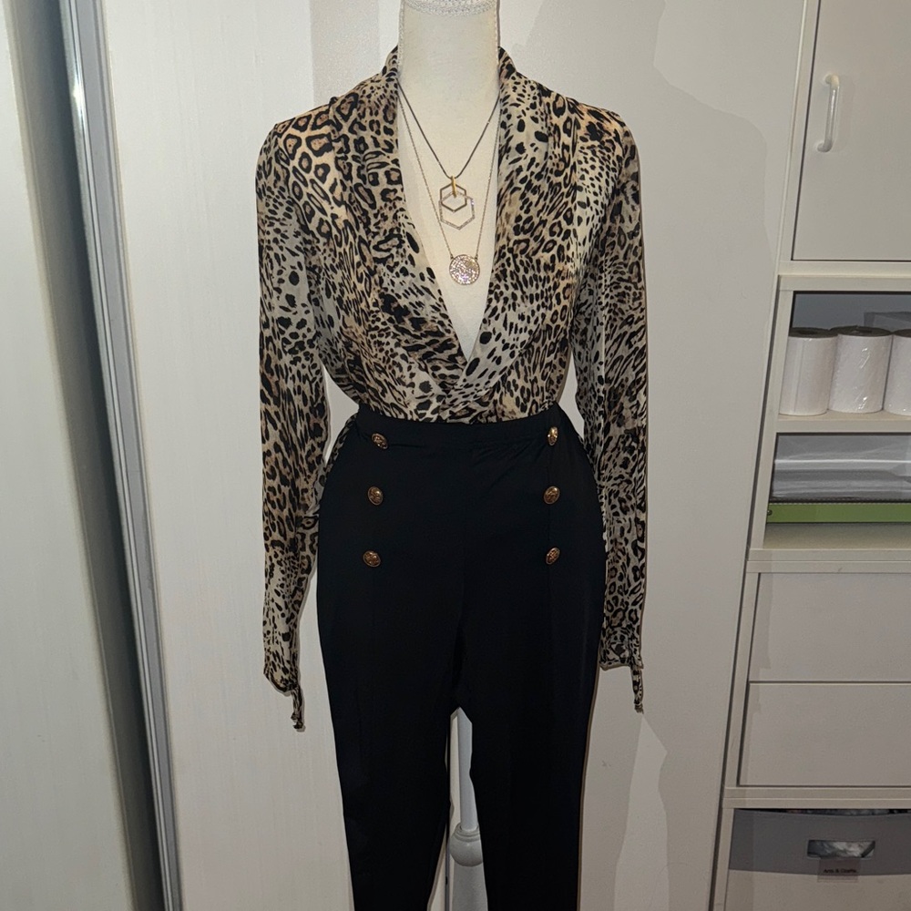 2 piece Cache Leopard Print Low Cut Bodysuit Blouse and Black Pants